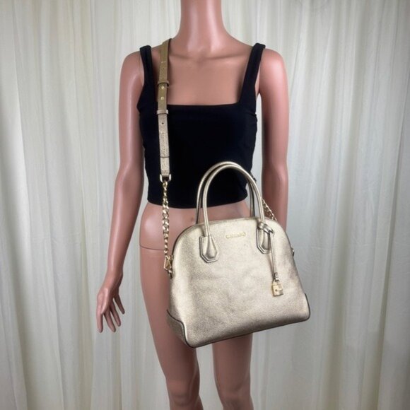 Michael Kors Mercer Metallic Gold Leather Dome Satchel Shoulder Crossbody Bag - Picture 3 of 17